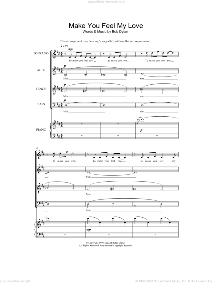 Make You Feel My Love (arr. Jeremy Birchall) sheet music for choir (SATB: soprano, alto, tenor, bass) by Bob Dylan and Jeremy Birchall, intermediate skill level