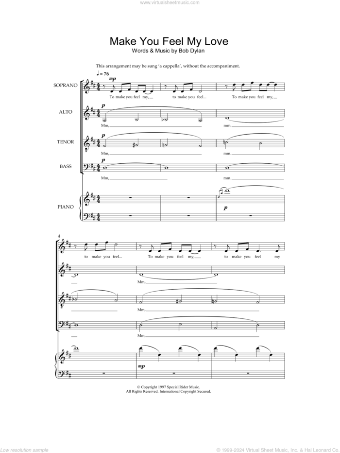 Make You Feel My Love (arr. Jeremy Birchall) sheet music for choir (SATB: soprano, alto, tenor, bass) by Bob Dylan and Jeremy Birchall, intermediate skill level