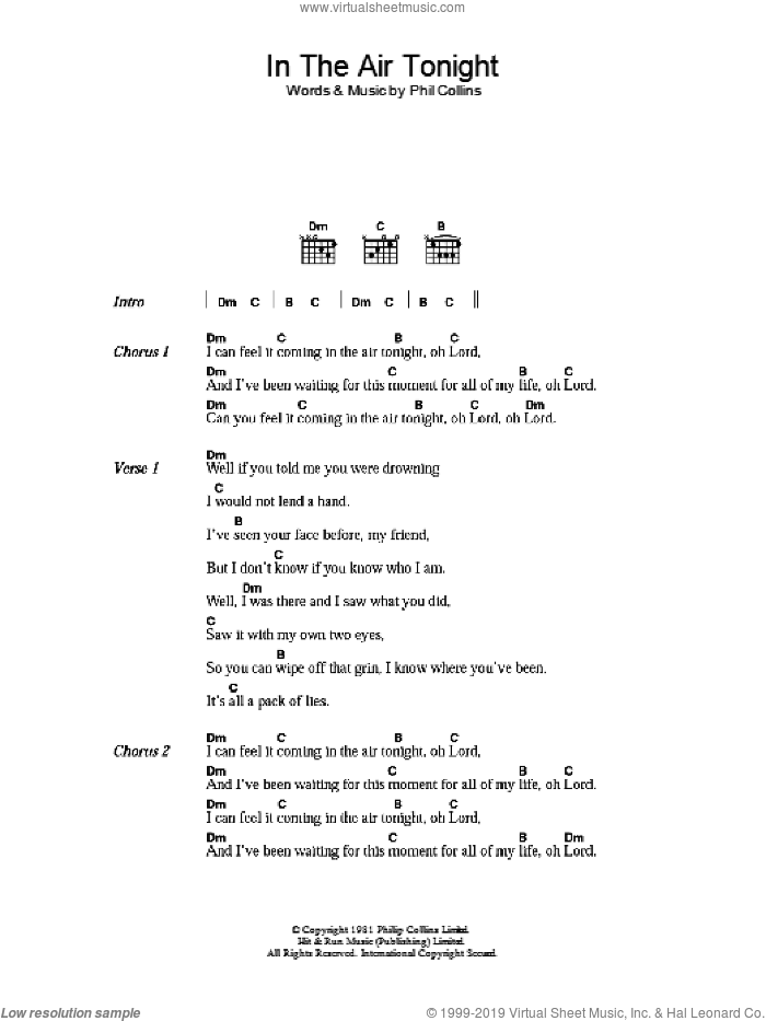 In The Air Tonight sheet music for guitar (chords) by Phil Collins, intermediate skill level