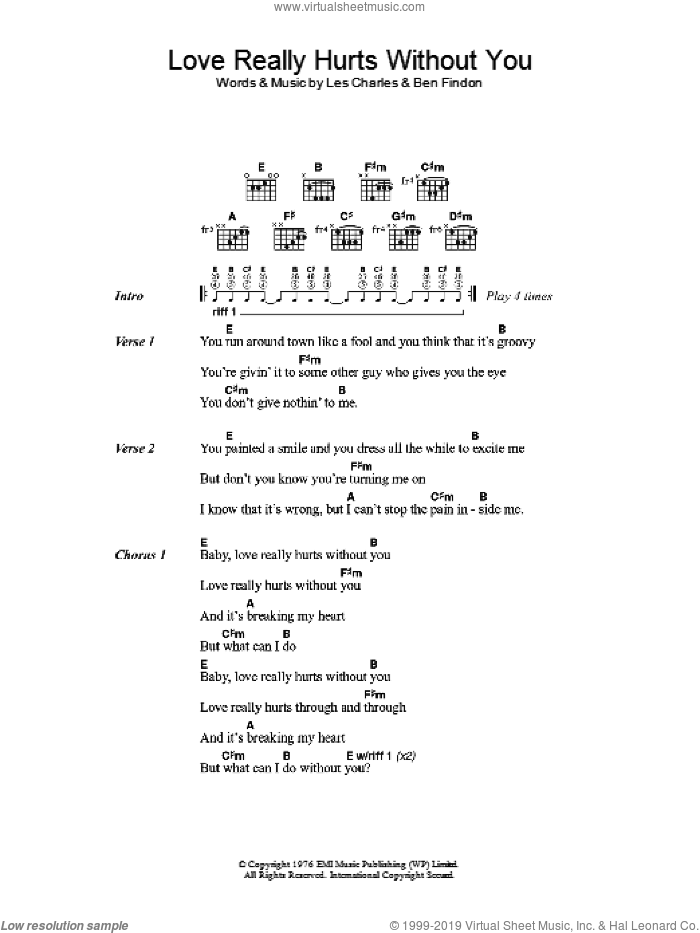 Love Really Hurts Without You sheet music for guitar (chords) by Billy Ocean, Ben Findon and Les Charles, intermediate skill level