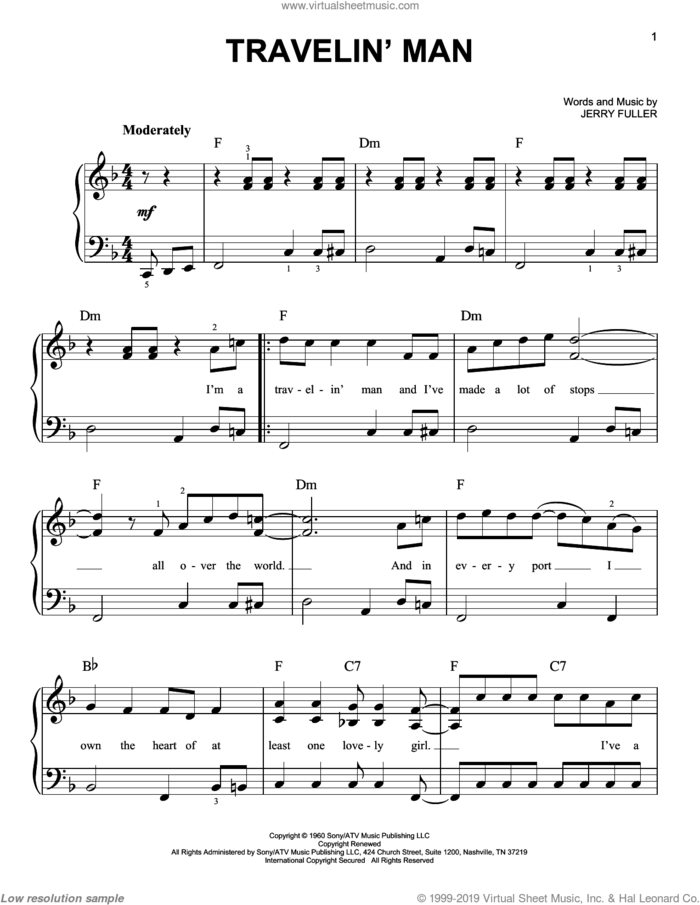Travelin' Man sheet music for piano solo by Ricky Nelson and Jerry Fuller, easy skill level