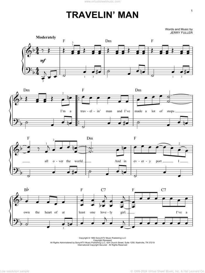 Travelin' Man sheet music for piano solo by Ricky Nelson and Jerry Fuller, easy skill level