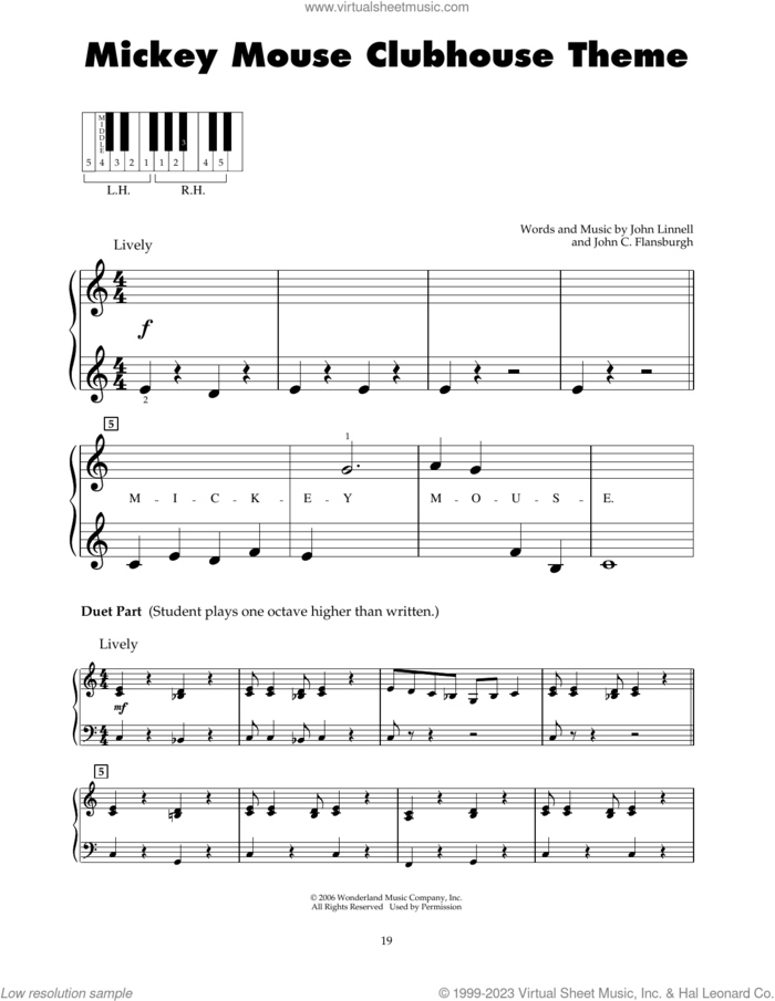 Mickey Mouse Clubhouse Theme sheet music for piano solo (5-fingers) by John C. Flansburgh, John Flansburgh & John Linnell and John Linnell, beginner piano (5-fingers)