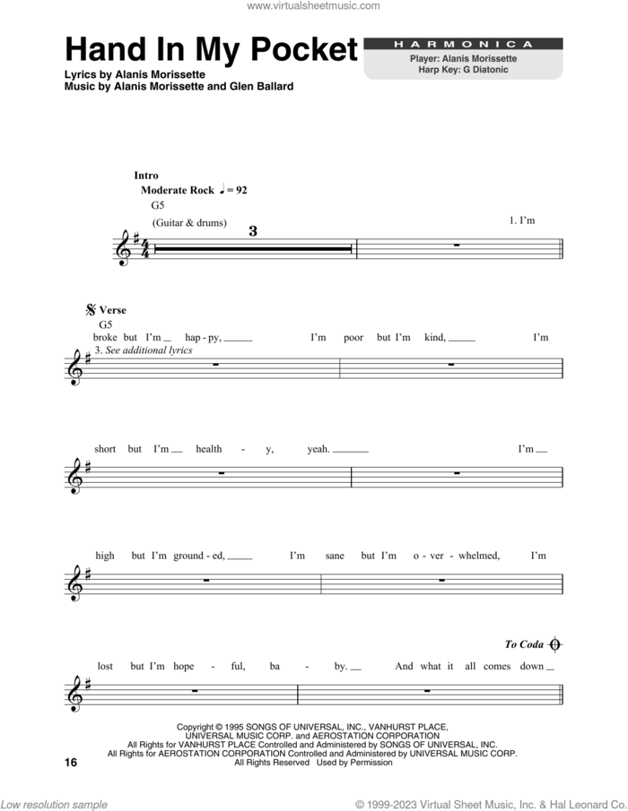 Hand In My Pocket sheet music for harmonica solo by Alanis Morissette and Glen Ballard, intermediate skill level