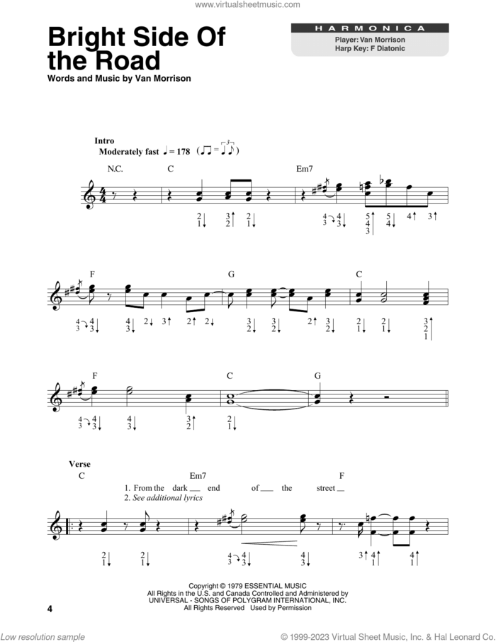 Bright Side Of The Road sheet music for harmonica solo by Van Morrison, intermediate skill level