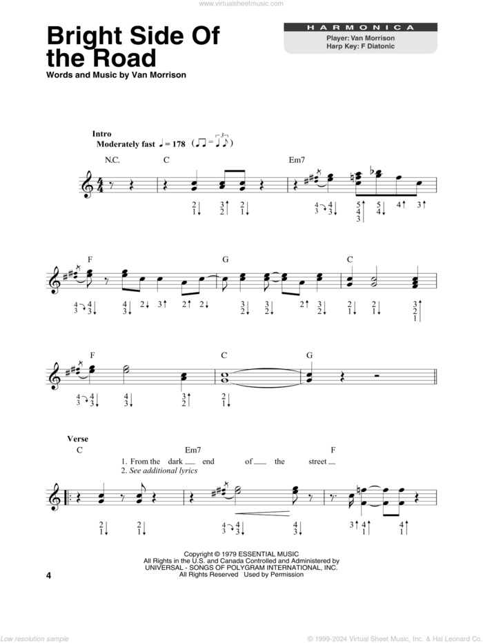 Bright Side Of The Road sheet music for harmonica solo by Van Morrison, intermediate skill level