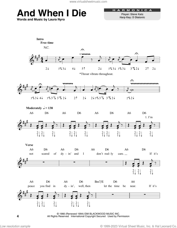 And When I Die sheet music for harmonica solo by Blood, Sweat & Tears, Peter, Paul & Mary and Laura Nyro, intermediate skill level