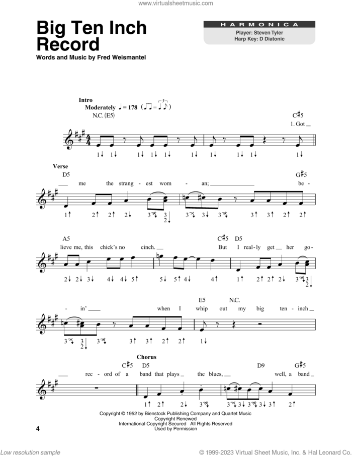 Big Ten Inch Record sheet music for harmonica solo by Aerosmith and Fred Weismantel, intermediate skill level