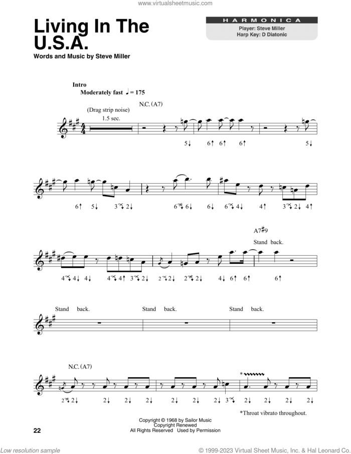 Living In The U.S.A. sheet music for harmonica solo by Steve Miller Band and Steve Miller, intermediate skill level