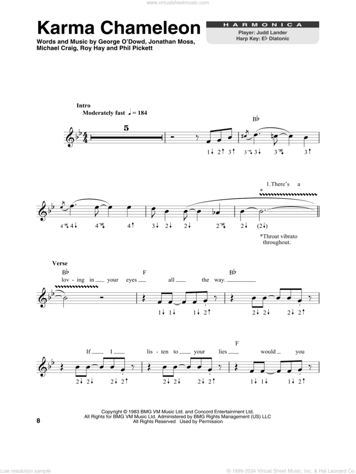 Karma Chameleon sheet music for harmonica solo by Culture Club, Jonathan Moss, Michael Craig, Phil Pickett and Roy Hay, intermediate skill level