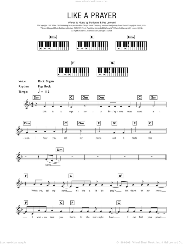 Like A Prayer sheet music for piano solo (chords, lyrics, melody) by Madonna and Patrick Leonard, intermediate piano (chords, lyrics, melody)