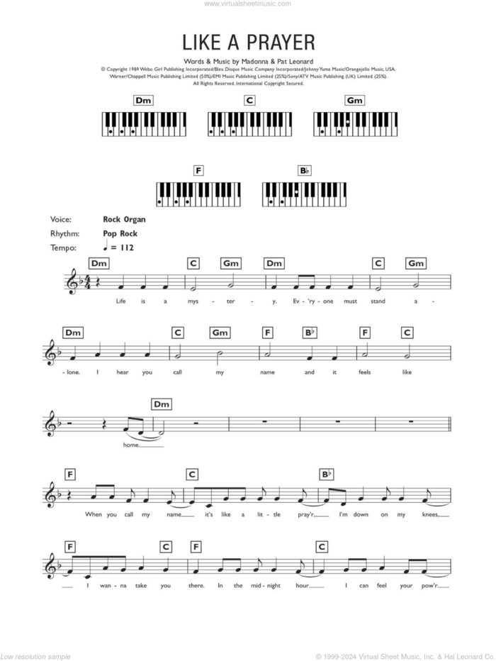 Like A Prayer sheet music for piano solo (chords, lyrics, melody) by Madonna and Patrick Leonard, intermediate piano (chords, lyrics, melody)