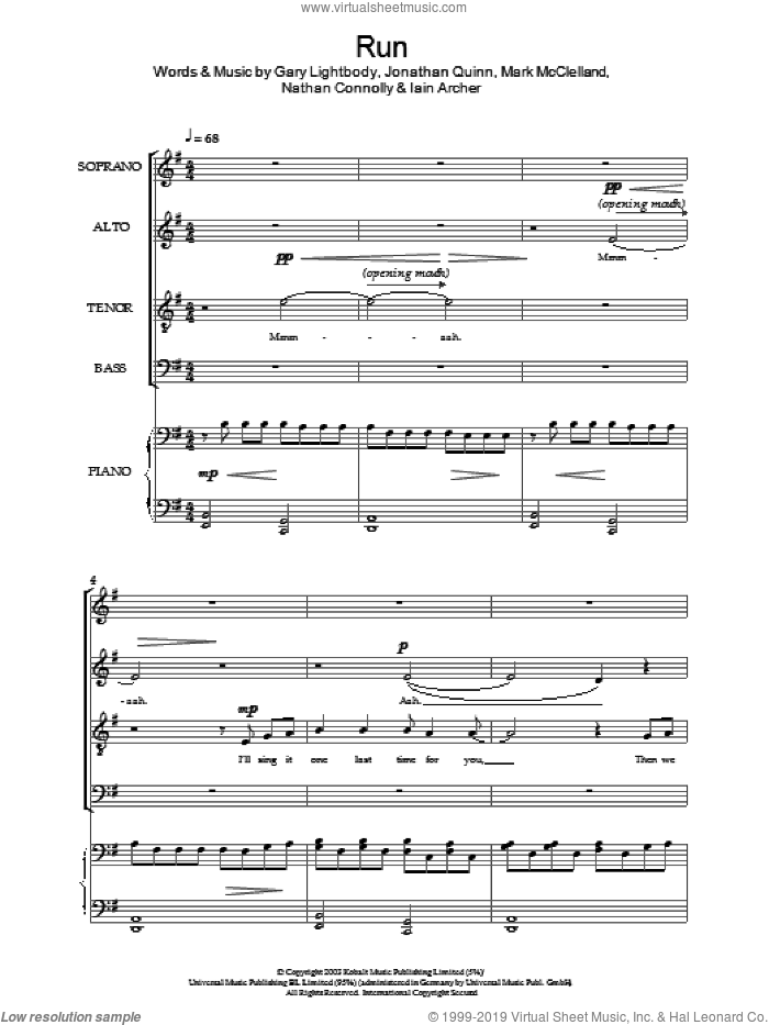 Run sheet music for choir (SATB: soprano, alto, tenor, bass) by Leona Lewis, Gary Lightbody, Iain Archer, Jonathan Quinn, Mark McClelland and Nathan Connolly, intermediate skill level