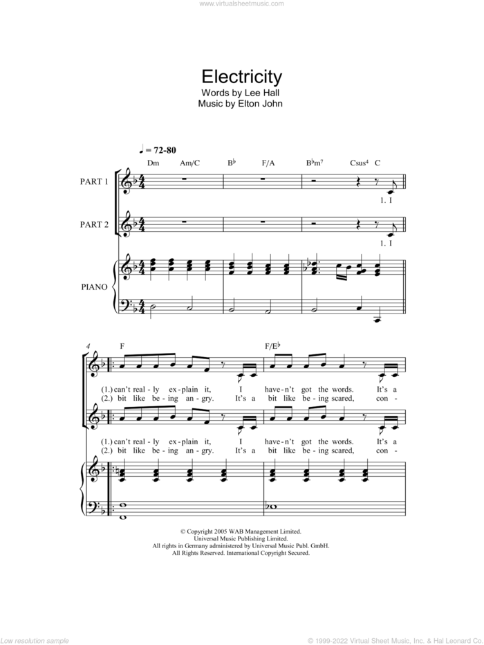 Electricity sheet music for choir (2-Part) by Elton John and Lee Hall, intermediate duet