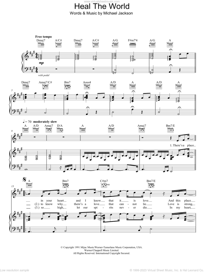 Heal The World sheet music for voice, piano or guitar by Michael Jackson, intermediate skill level