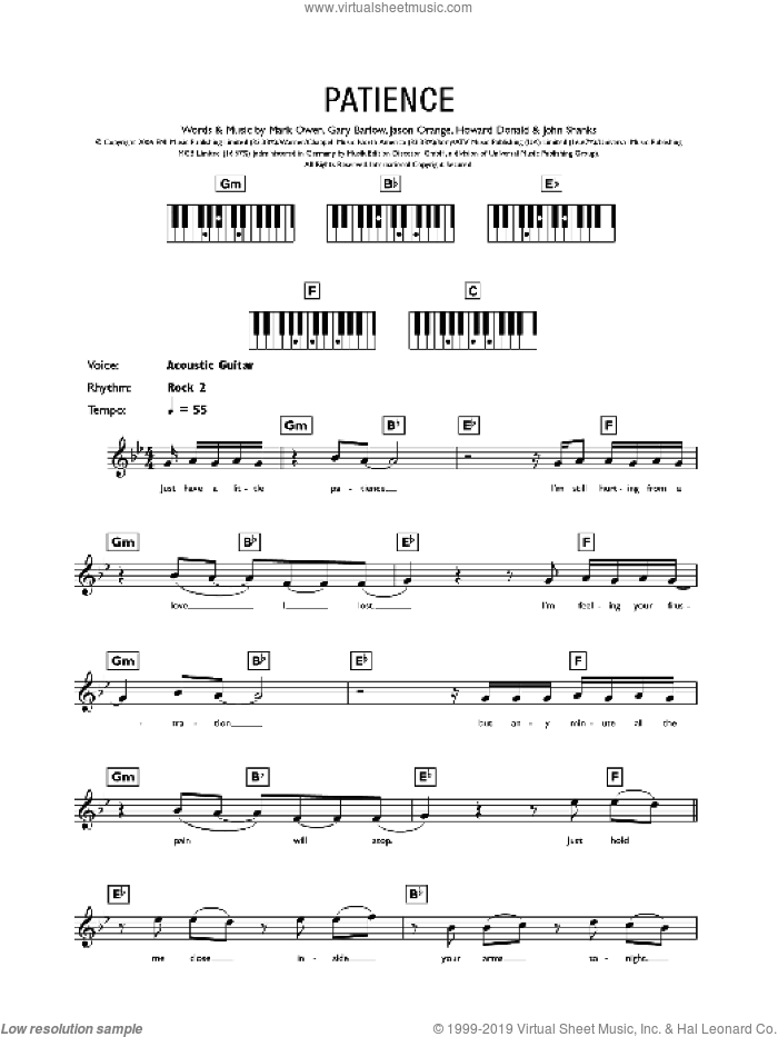 Patience sheet music for piano solo (chords, lyrics, melody) by Take That, Gary Barlow, Howard Donald, Jason Orange, John Shanks and Mark Owen, intermediate piano (chords, lyrics, melody)