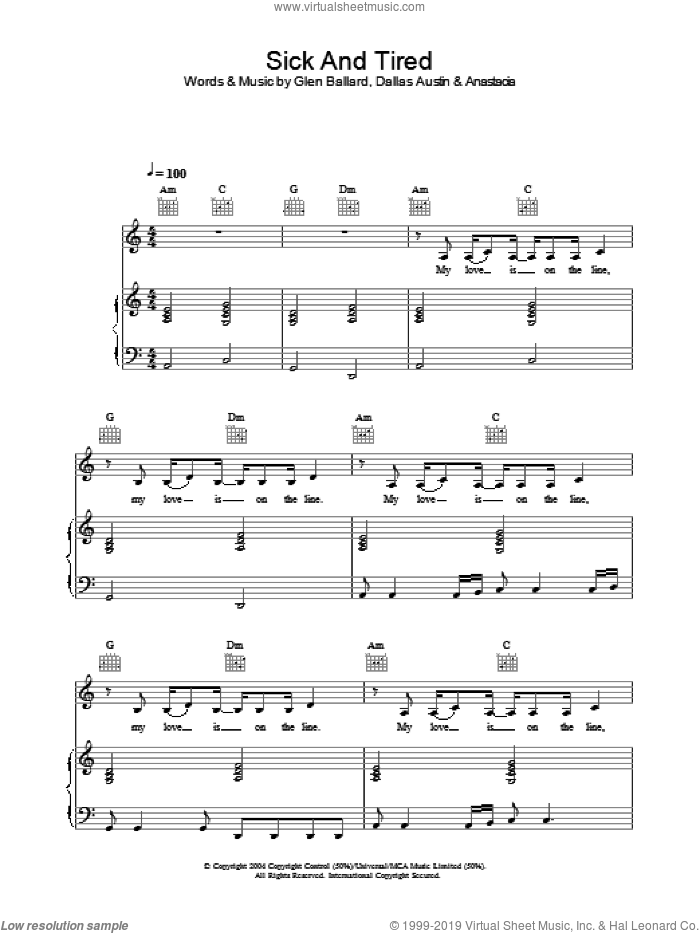 Sick And Tired sheet music for voice, piano or guitar by Anastacia, intermediate skill level