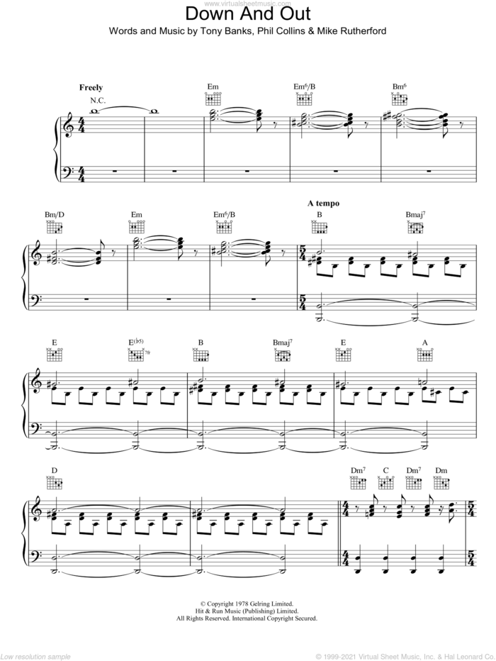 Down And Out sheet music for voice, piano or guitar by Genesis, Mike Rutherford, Phil Collins and Tony Banks, intermediate skill level