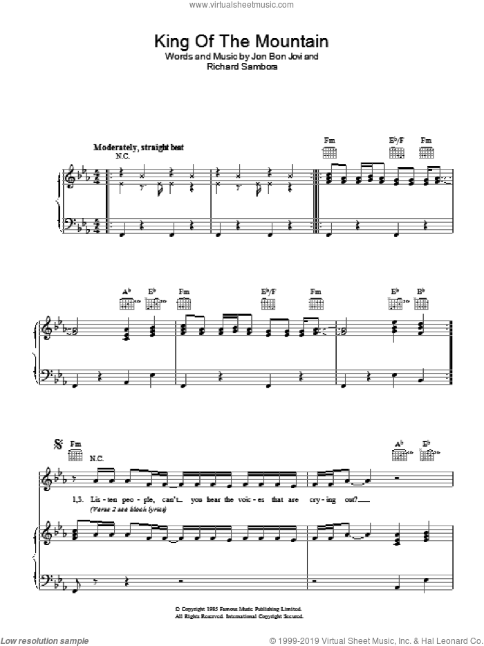 King Of The Mountain sheet music for voice, piano or guitar by Bon Jovi and Richie Sambora, intermediate skill level