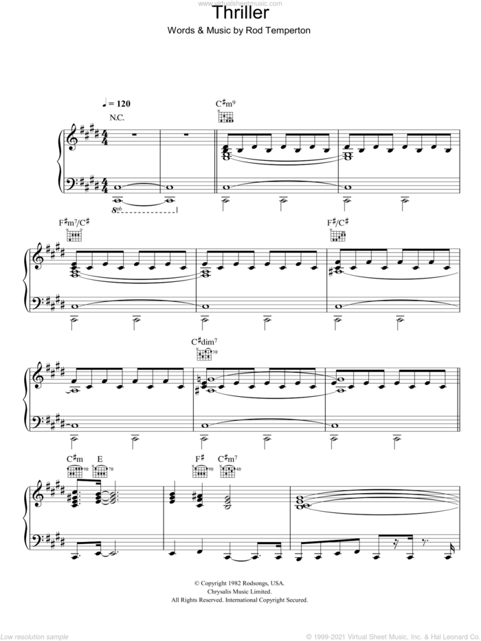 Thriller sheet music for voice, piano or guitar by Michael Jackson and Rod Temperton, intermediate skill level