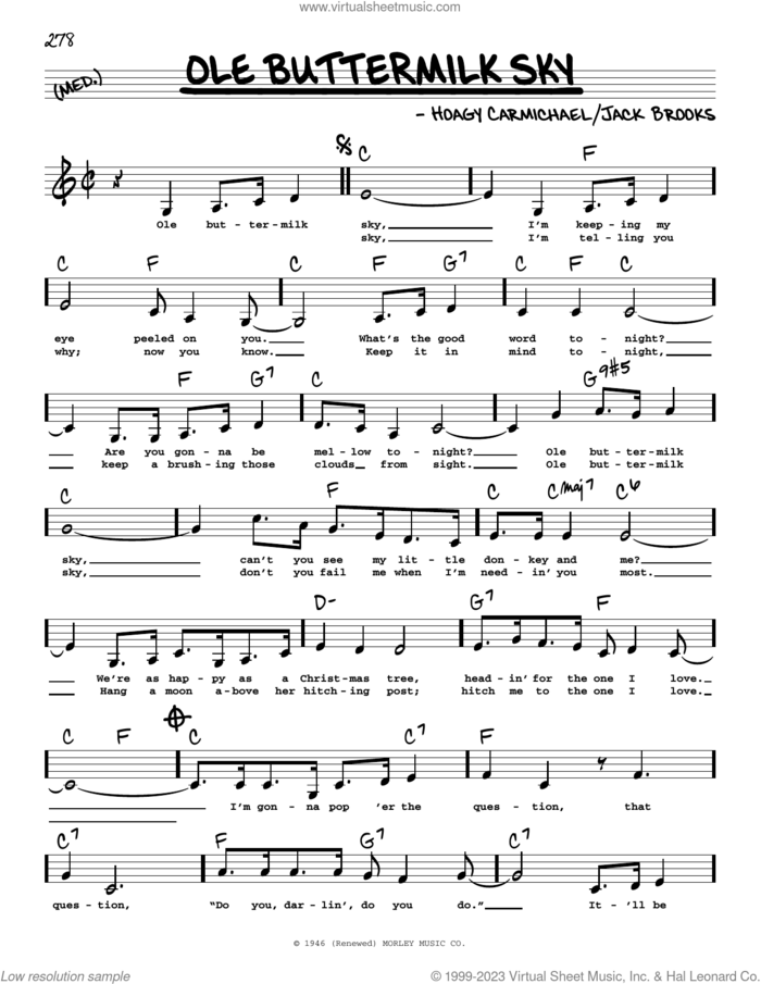 Ole Buttermilk Sky (Low Voice) sheet music for voice and other instruments (low voice) by Hoagy Carmichael and Jack Brooks, intermediate skill level
