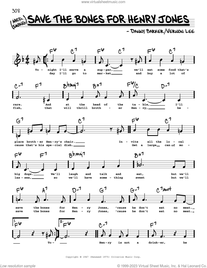 Save The Bones For Henry Jones (Low Voice) sheet music for voice and other instruments (low voice) by Danny Barker and Vernon Lee, intermediate skill level