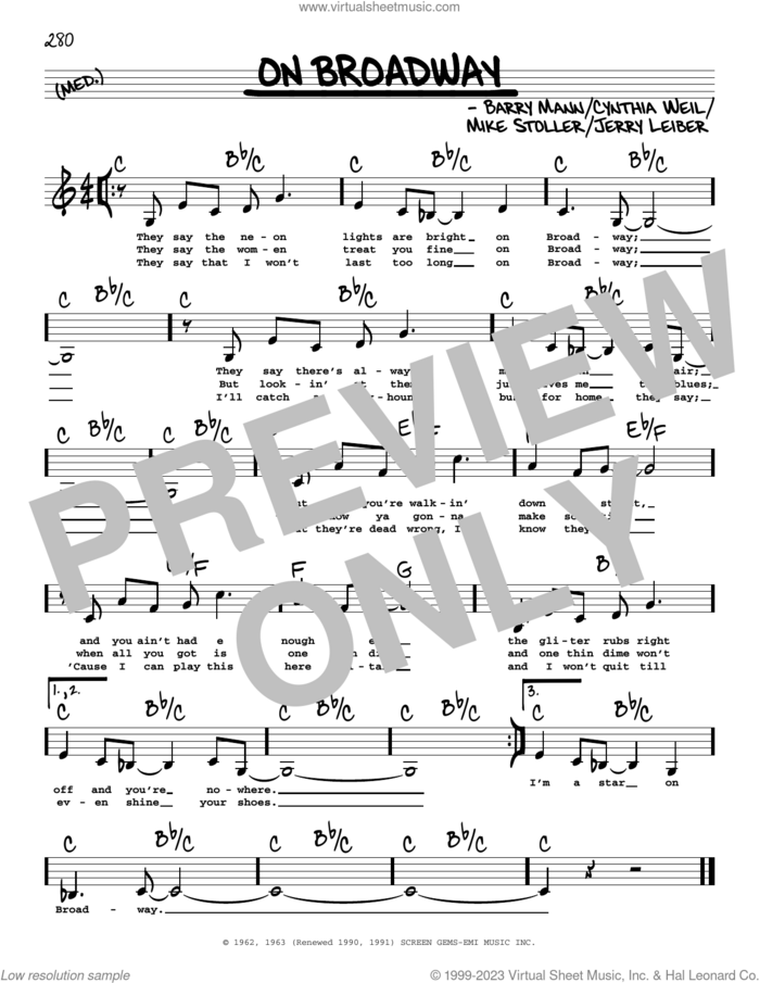 On Broadway (Low Voice) sheet music for voice and other instruments (low voice) by The Drifters, George Benson, Barry Mann, Cynthia Weil, Jerry Leiber and Mike Stoller, intermediate skill level