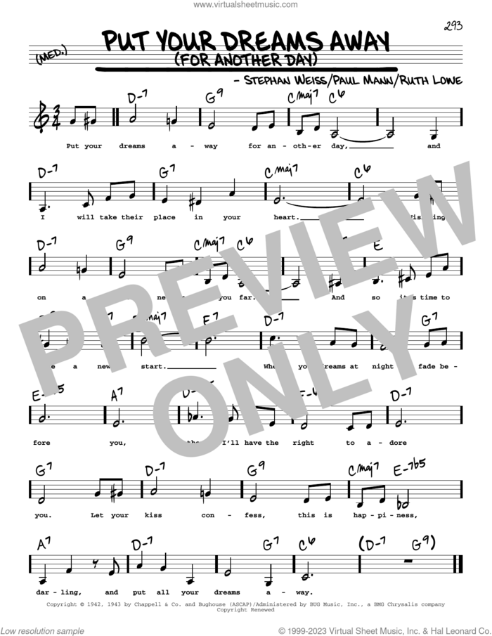 Put Your Dreams Away (For Another Day) (Low Voice) sheet music for voice and other instruments (low voice) by Frank Sinatra, Paul Mann, Ruth Lowe and Stephen Weiss, intermediate skill level
