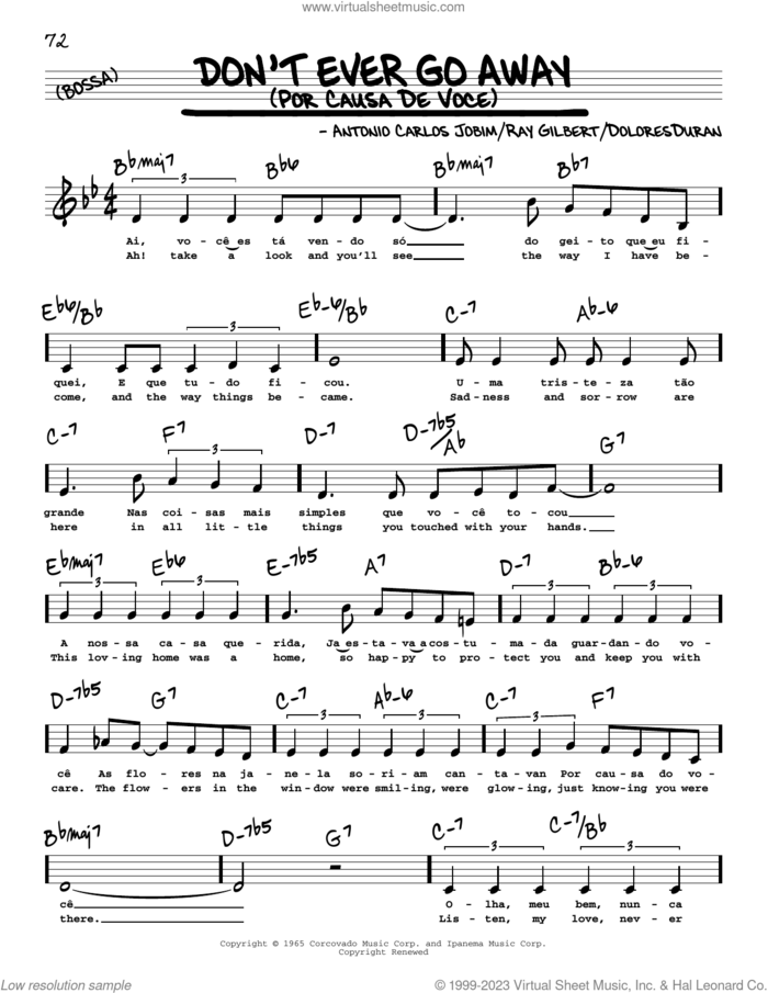 Don't Ever Go Away (Por Causa De Voce) (Low Voice) sheet music for voice and other instruments (low voice) by Antonio Carlos Jobim, Dolores Duran and Ray Gilbert, intermediate skill level