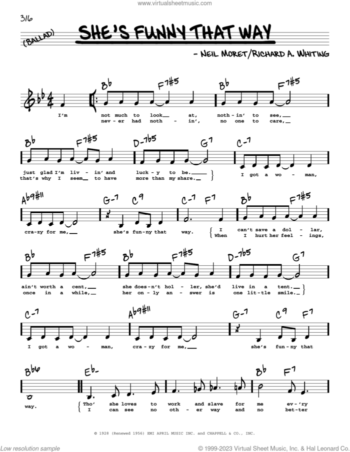 She's Funny That Way (Low Voice) sheet music for voice and other instruments (low voice) by Billie Holiday, Willie Nelson, Neil Moret and Richard A. Whiting, intermediate skill level