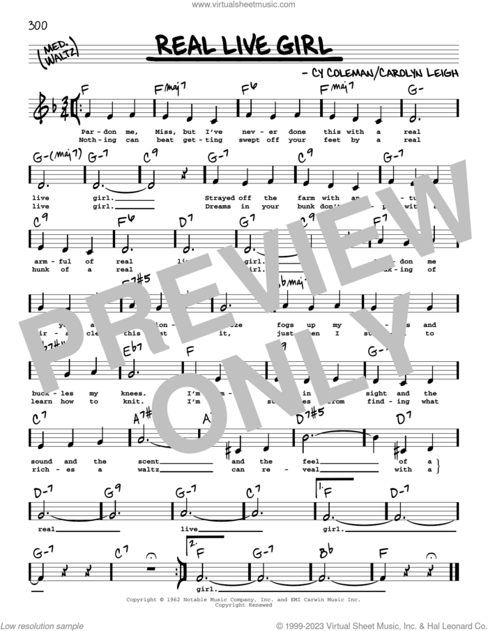 Real Live Girl (Low Voice) sheet music for voice and other instruments (low voice) by Carolyn Leigh and Cy Coleman, intermediate skill level