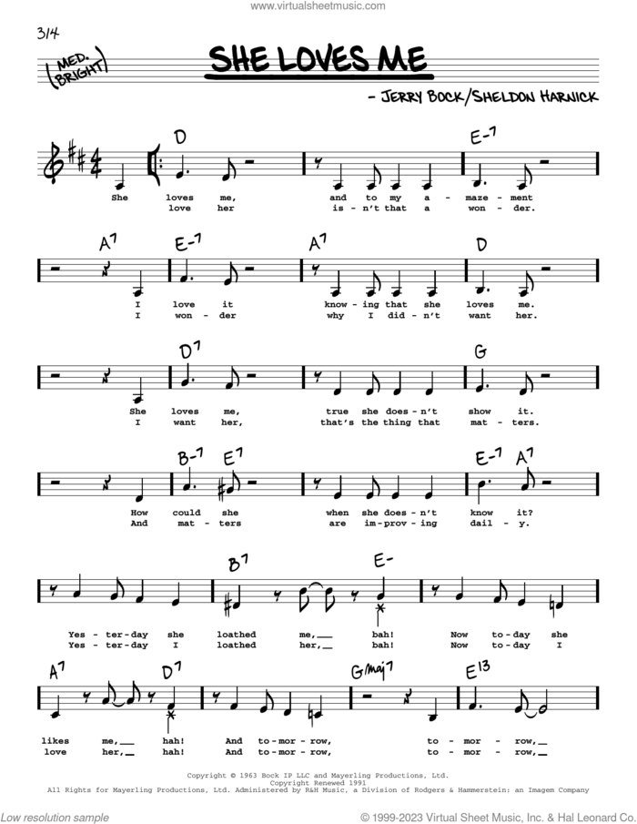 She Loves Me (Low Voice) sheet music for voice and other instruments (low voice) by Sheldon Harnick and Jerry Bock, intermediate skill level
