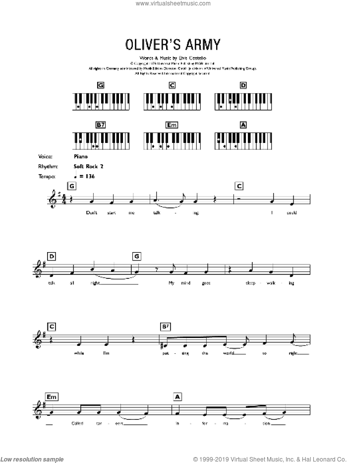 Oliver's Army sheet music for piano solo (chords, lyrics, melody) by Elvis Costello, intermediate piano (chords, lyrics, melody)