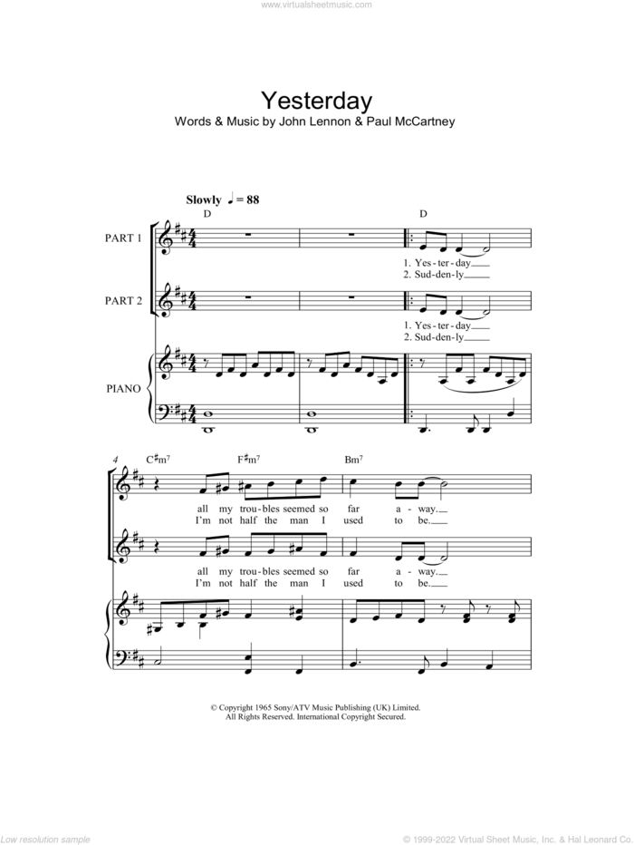 Yesterday (arr. Rick Hein) sheet music for choir (2-Part) by The Beatles, Rick Hein, John Lennon and Paul McCartney, intermediate duet