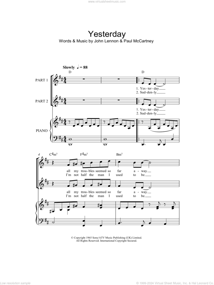 Yesterday (arr. Rick Hein) sheet music for choir (2-Part) by The Beatles, Rick Hein, John Lennon and Paul McCartney, intermediate duet