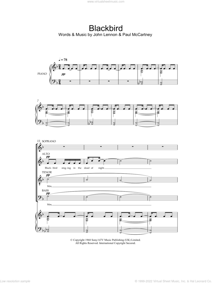 Blackbird sheet music for choir (SATB: soprano, alto, tenor, bass) by Paul McCartney, John Lennon, Jonathan Wikeley and The Beatles, intermediate skill level