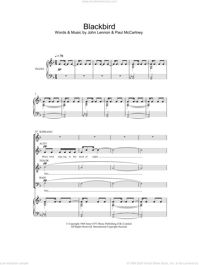 Blackbird sheet music for choir (SATB: soprano, alto, tenor, bass) by Paul McCartney, John Lennon, Jonathan Wikeley and The Beatles, intermediate skill level