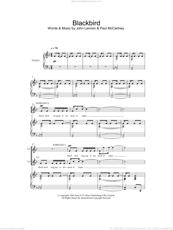 Blackbird sheet music for choir (SSA: soprano, alto) by The Beatles, John Lennon and Paul McCartney, intermediate skill level