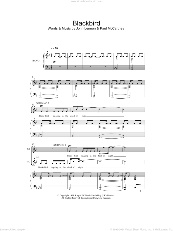 Blackbird sheet music for choir (SSA: soprano, alto) by The Beatles, John Lennon and Paul McCartney, intermediate skill level