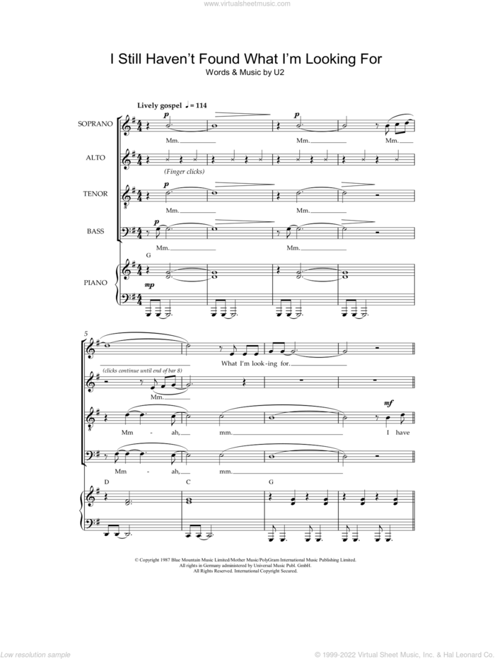 I Still Haven't Found What I'm Looking For (arr. Jeremy Birchall) sheet music for choir (SATB: soprano, alto, tenor, bass) by U2 and Jeremy Birchall, intermediate skill level