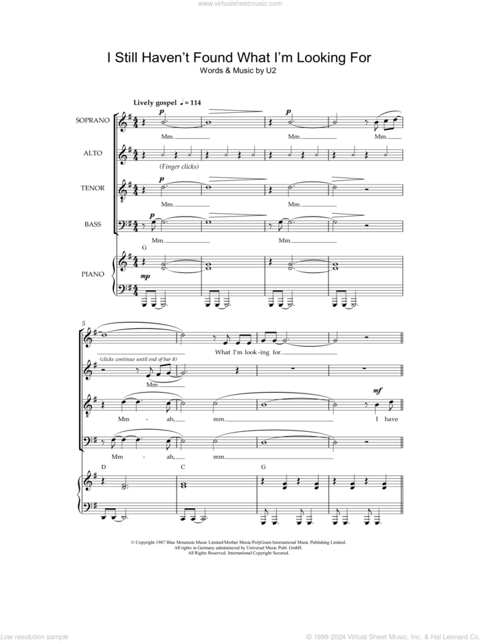 I Still Haven't Found What I'm Looking For (arr. Jeremy Birchall) sheet music for choir (SATB: soprano, alto, tenor, bass) by U2 and Jeremy Birchall, intermediate skill level