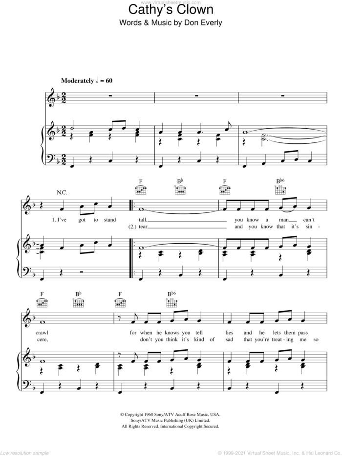 Cathy's Clown sheet music for voice, piano or guitar by Everly Brothers and Don Everly, intermediate skill level