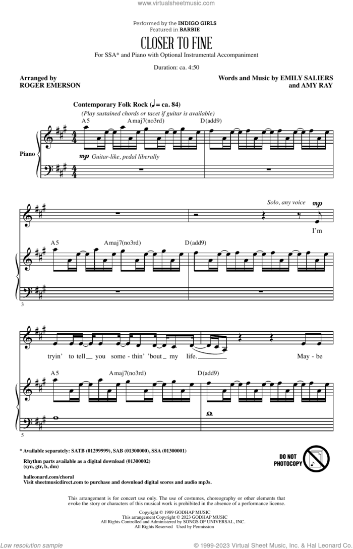 Closer To Fine (arr. Roger Emerson) sheet music for choir (SSA: soprano, alto) by Indigo Girls, Roger Emerson, Amy Ray and Emily Saliers, intermediate skill level