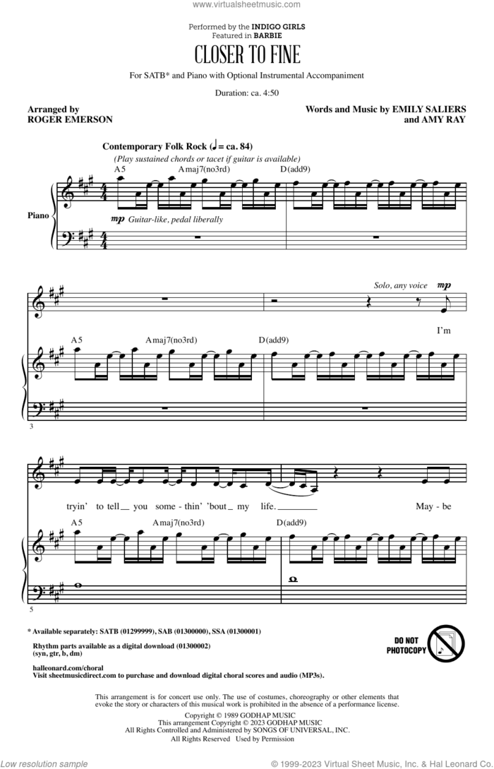 Closer To Fine (arr. Roger Emerson) sheet music for choir (SATB: soprano, alto, tenor, bass) by Indigo Girls, Roger Emerson, Amy Ray and Emily Saliers, intermediate skill level