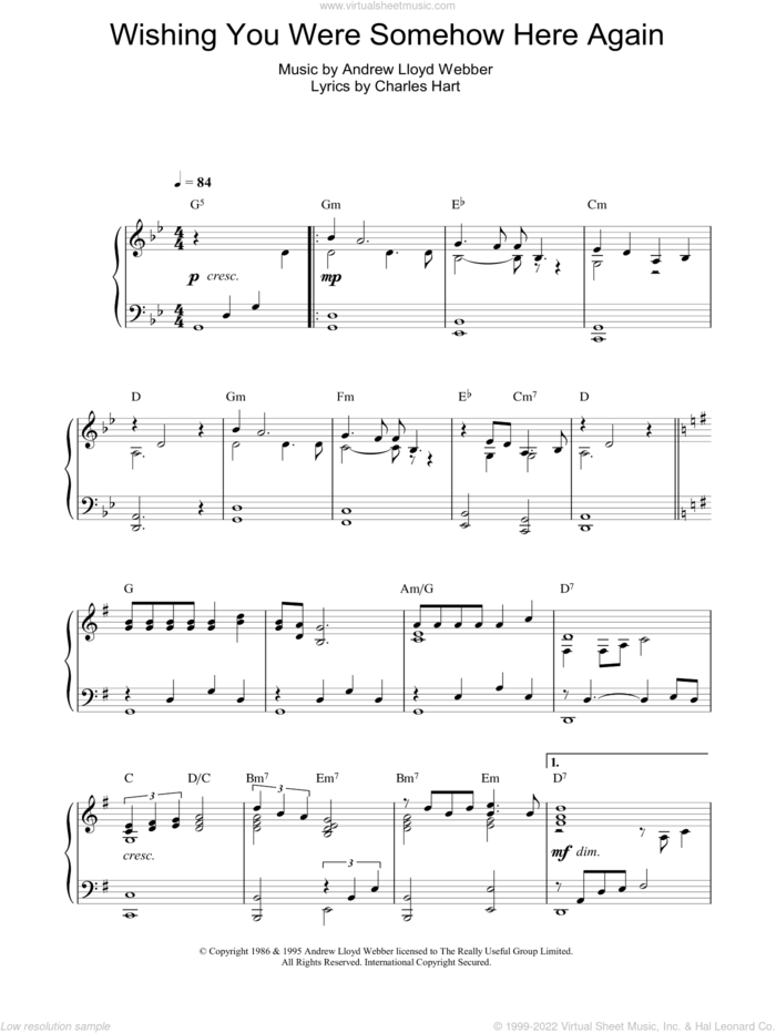 Wishing You Were Somehow Here Again (from The Phantom Of The Opera), (intermediate) (from The Phantom Of The Opera) sheet music for piano solo by Andrew Lloyd Webber and Charles Hart, intermediate skill level