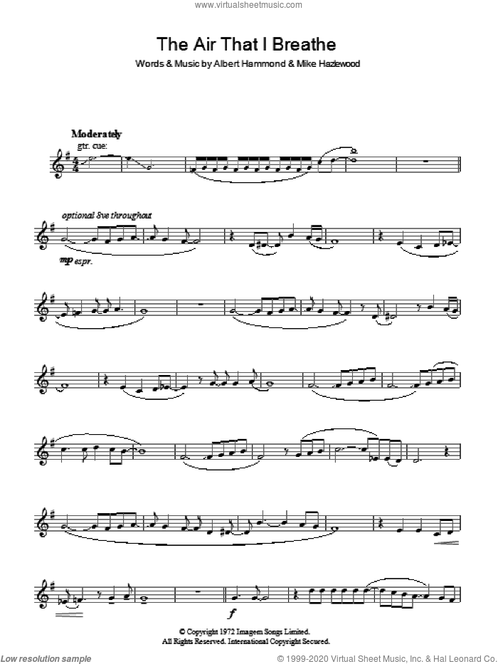 The Air That I Breathe sheet music for voice and other instruments (fake book) by The Hollies, Albert Hammond and Michael Hazlewood, intermediate skill level