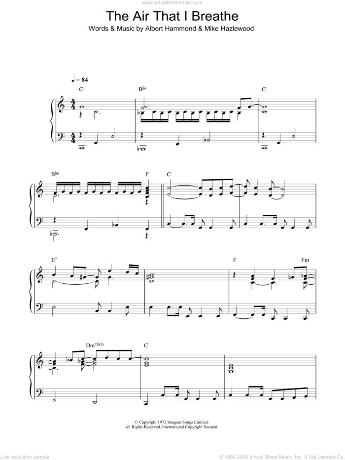 The Air That I Breathe sheet music for piano solo by The Hollies, Albert Hammond and Michael Hazlewood, intermediate skill level