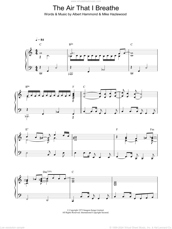 The Air That I Breathe sheet music for piano solo by The Hollies, Albert Hammond and Michael Hazlewood, intermediate skill level