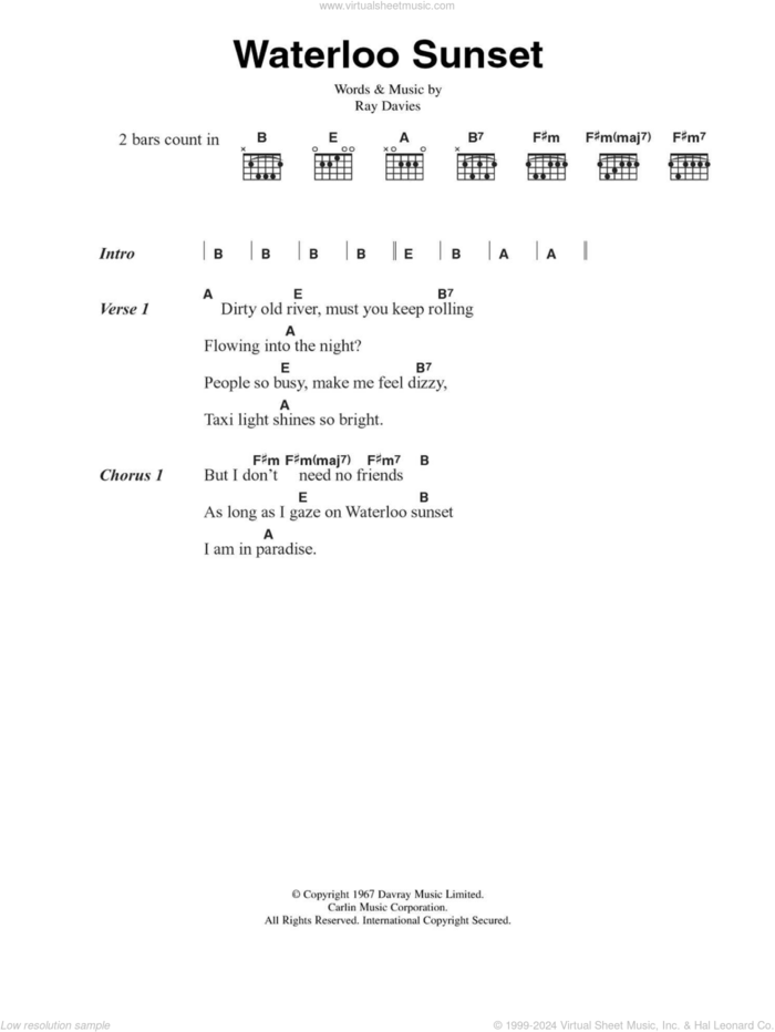 Waterloo Sunset sheet music for guitar (chords) by The Kinks and Ray Davies, intermediate skill level