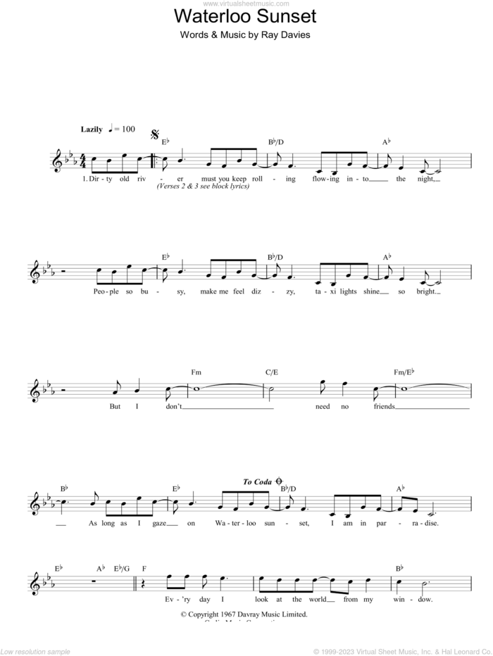 Waterloo Sunset sheet music for voice and other instruments (fake book) by The Kinks and Ray Davies, intermediate skill level